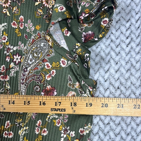 FYVE Paisley Floral Pleated Front Stretch Green Blouse Top Size L Ruffle Sleeve - Picture 7 of 8